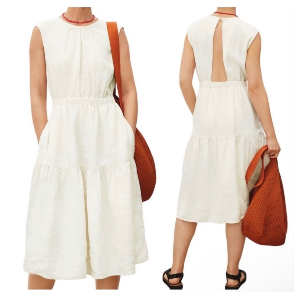 Everlane Linen Open-Back Dress Canvas Off White Tiered Midi Pockets Size 8